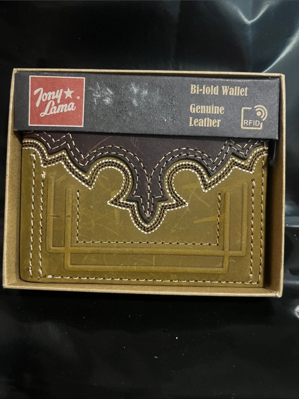 Tony Lama Olive & Dark Brown Western-Style Leather Bi-Fold Wallet